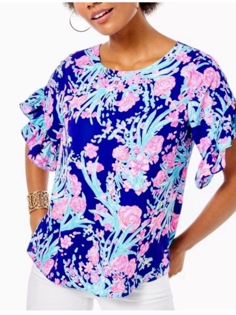Lilly Pulitzer Darlah Top "Lileeze Print Corsica Blue" Ruffle Sleeves Medium